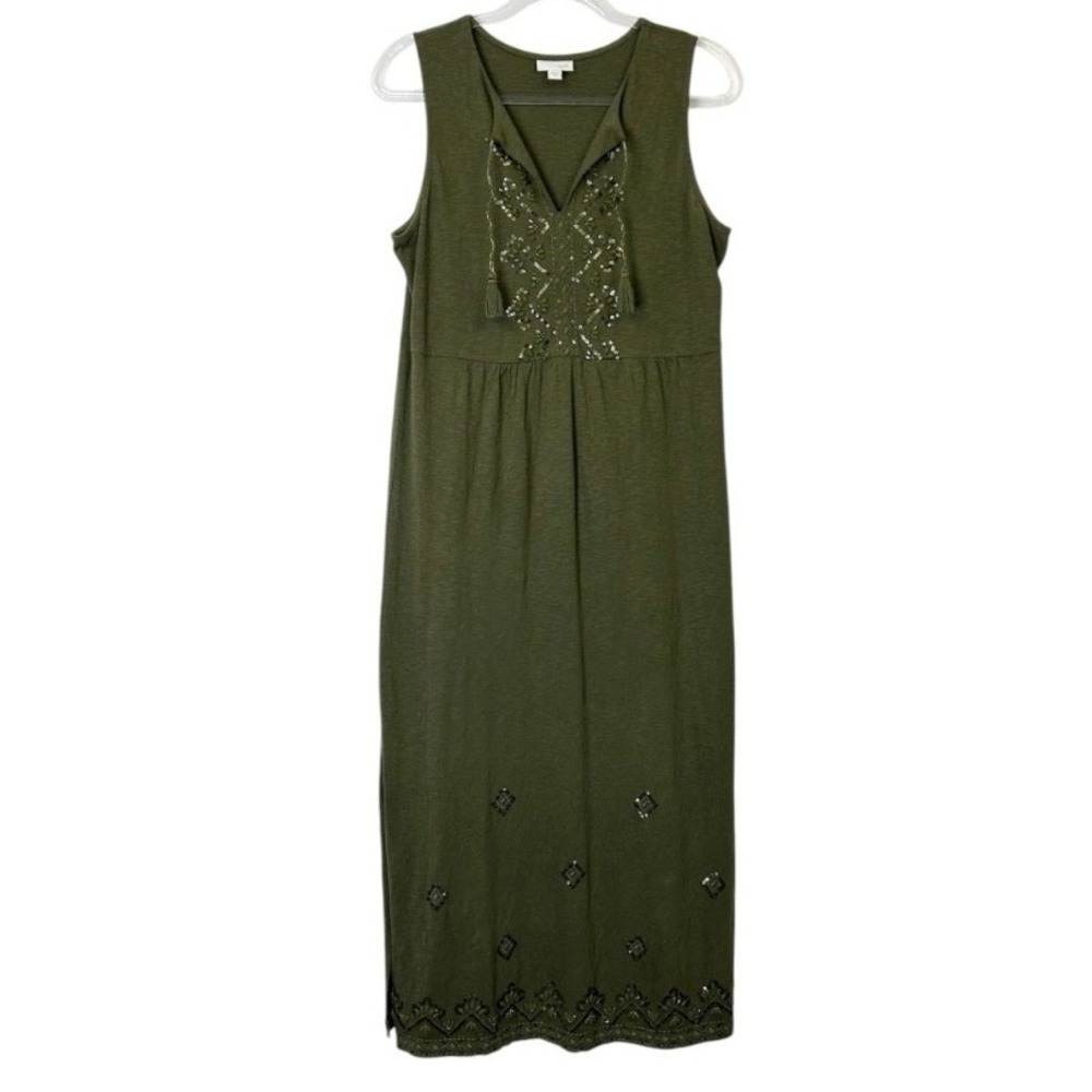 J. Jill Olive Green Sequin‎ Embellished Boho Maxi Dress Sleeveless Large L